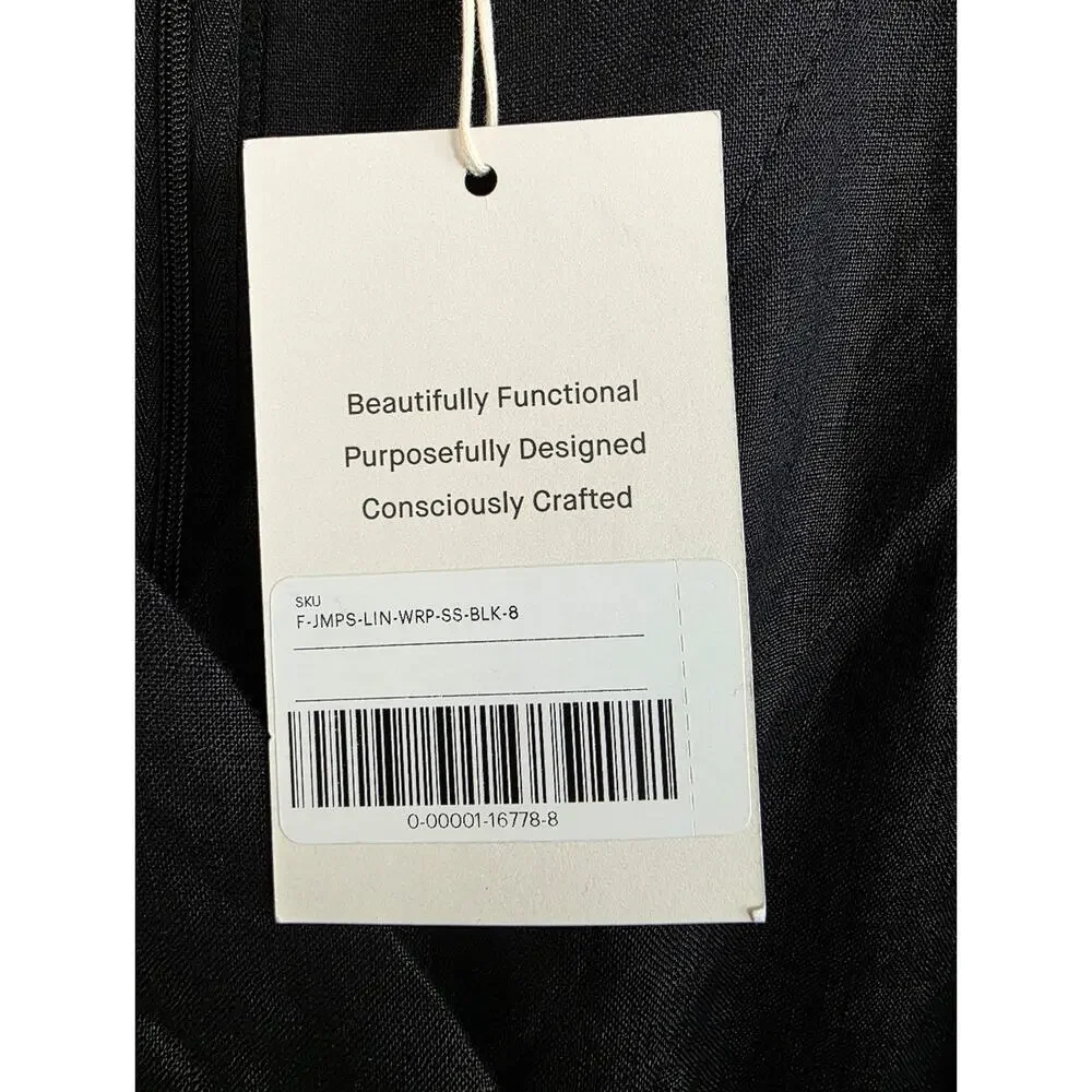 NEW Everlane The Wrap Linen Black Wrap-Front Wide-Leg Short Sleeve Jumpsuit 8